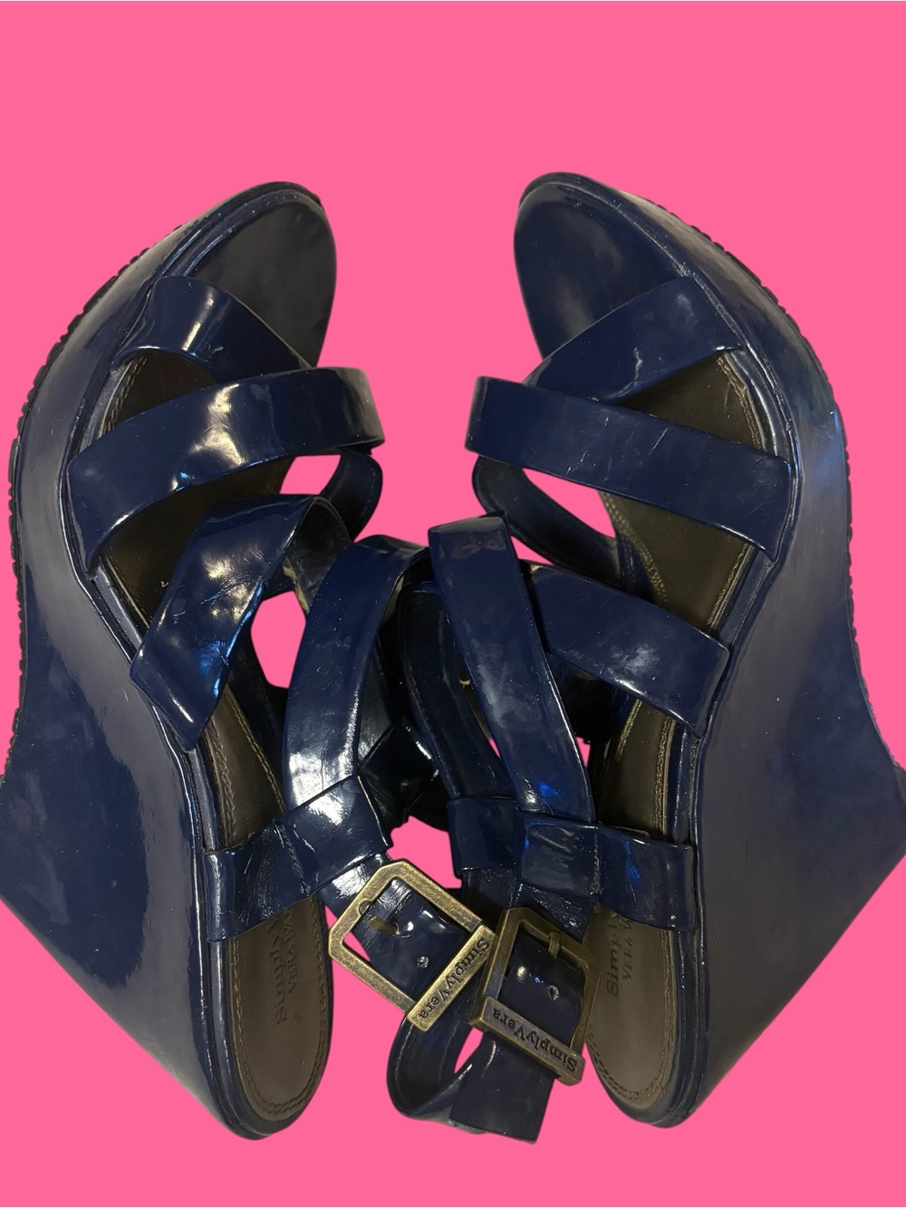 Vera Wang Fun & Comfy Patent Navy Strappy Wedge Sandals